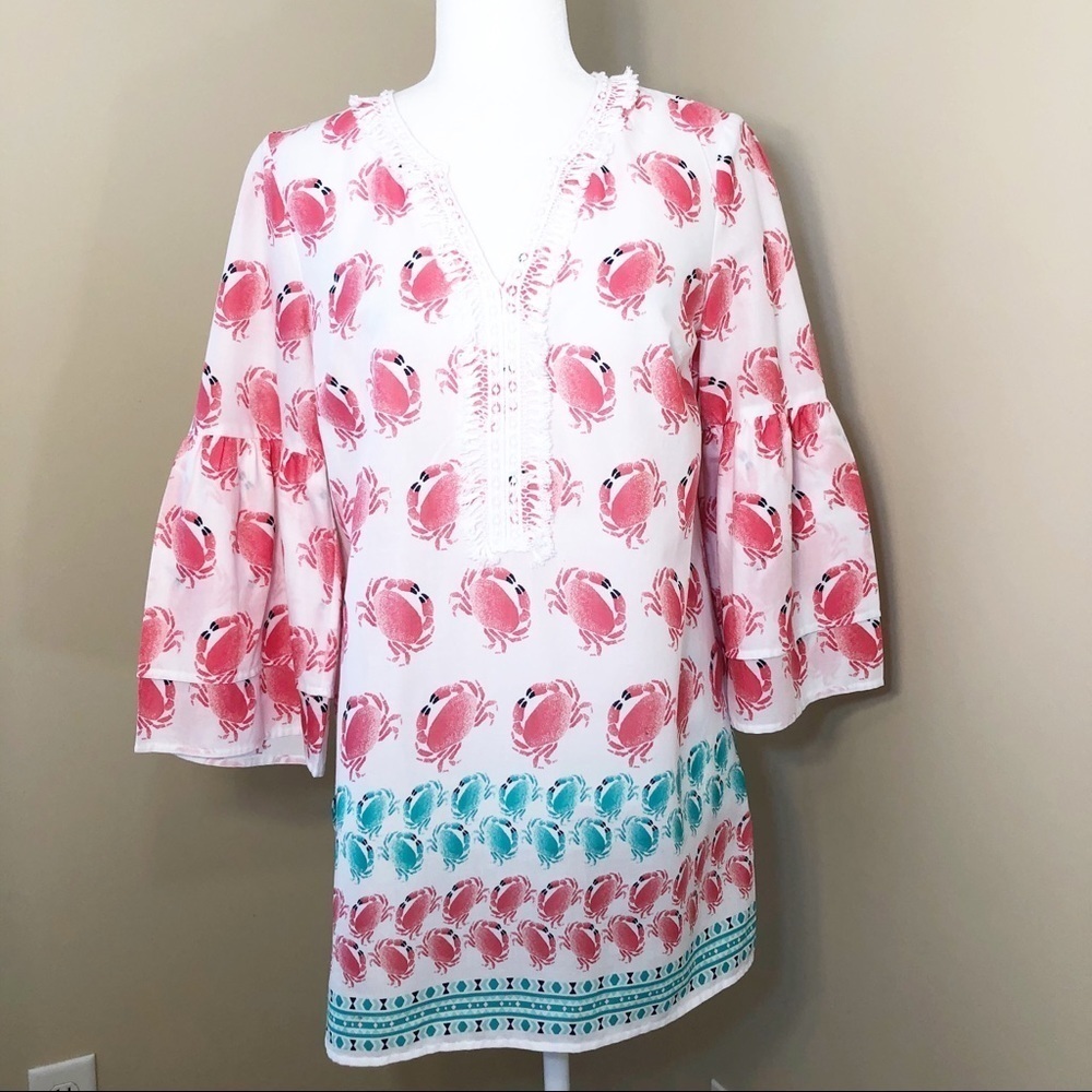 Crown & Ivy Crab Print Tunic Top Fringe Detail - S